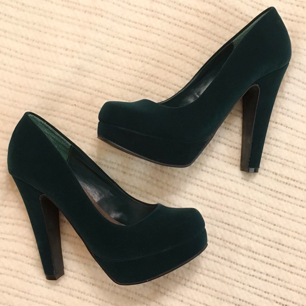 Qupid Dark Teal Velvet Platform Pumps